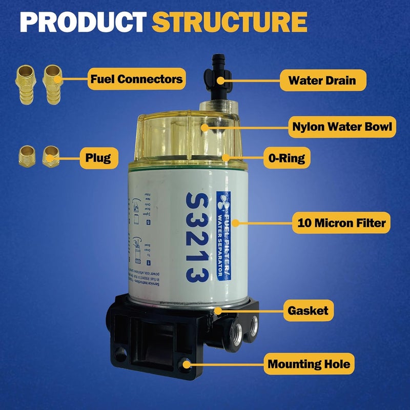 chiying S3213 Fuel Filter Water Separator Replacement for Marine Outboard Motor Mercury with 3/8" Barb x 1/4" NPT Fittings Replaces # S3214, 35-60494-1, 18-7932-1, 18-17928, 35-809097. - Image 3
